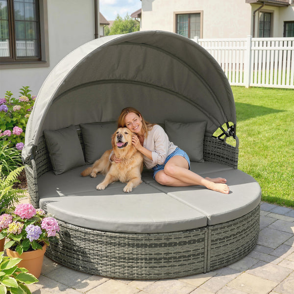 Bain de soleil rond, lit de jardin extérieur modulable 3 PSC en résine tressée avec auvent rétractable, coussins et oreillers, chaise longue relax pour piscine, terrasse, véranda, gris clair