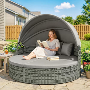 Bain de soleil rond, lit de jardin extérieur modulable 3 PSC en résine tressée avec auvent rétractable, coussins et oreillers, chaise longue relax pour piscine, terrasse, véranda, gris clair