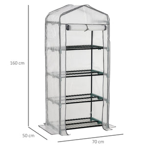 Serre de Jardin PE avec Étagères 4 Niveaux, Serre de Balcon, Bâche Renforcée 140g/m², Châssis en Acier, Porte Zippée Enroulable, pour Légumes et Plantes, Extérieur, 70x50x160cm, Blanc et Gris