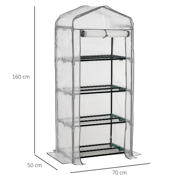 Serre de Jardin PE avec Étagères 4 Niveaux, Serre de Balcon, Bâche Renforcée 140g/m², Châssis en Acier, Porte Zippée Enroulable, pour Légumes et Plantes, Extérieur, 70x50x160cm, Blanc et Gris