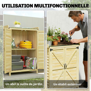 Armoire de jardin, armoire extérieure de rangement en bois avec étagère et crochets, plan de travail en métal galvanisé, table de rempotage pour balcon, terrasse, 71,5x39x95cm, bois naturel