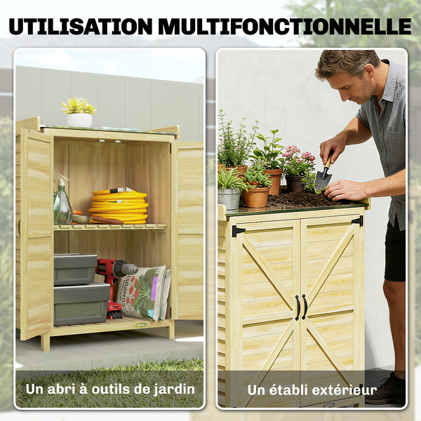 Armoire de jardin, armoire extérieure de rangement en bois avec étagère et crochets, plan de travail en métal galvanisé, table de rempotage pour balcon, terrasse, 71,5x39x95cm, bois naturel