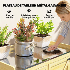 Armoire de jardin, armoire extérieure de rangement en bois avec étagère et crochets, plan de travail en métal galvanisé, table de rempotage pour balcon, terrasse, 71,5x39x95cm, bois naturel