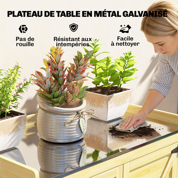 Armoire de jardin, armoire extérieure de rangement en bois avec étagère et crochets, plan de travail en métal galvanisé, table de rempotage pour balcon, terrasse, 71,5x39x95cm, bois naturel