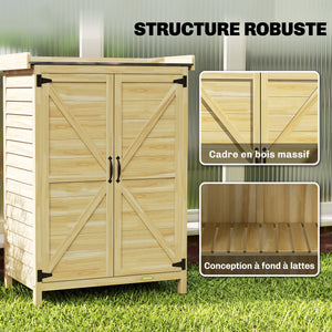 Armoire de jardin, armoire extérieure de rangement en bois avec étagère et crochets, plan de travail en métal galvanisé, table de rempotage pour balcon, terrasse, 71,5x39x95cm, bois naturel