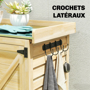 Armoire de jardin, armoire extérieure de rangement en bois avec étagère et crochets, plan de travail en métal galvanisé, table de rempotage pour balcon, terrasse, 71,5x39x95cm, bois naturel