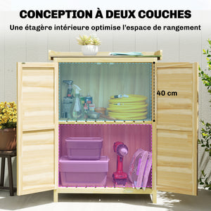 Armoire de jardin, armoire extérieure de rangement en bois avec étagère et crochets, plan de travail en métal galvanisé, table de rempotage pour balcon, terrasse, 71,5x39x95cm, bois naturel