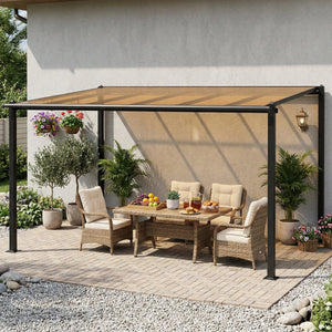 Pergola adossée 3,8 x 3 m avec toit étanche en polycarbonate, structure en aluminium, auvent rigide avec gouttières intégrées, ombrage extérieur robuste, gris foncé
