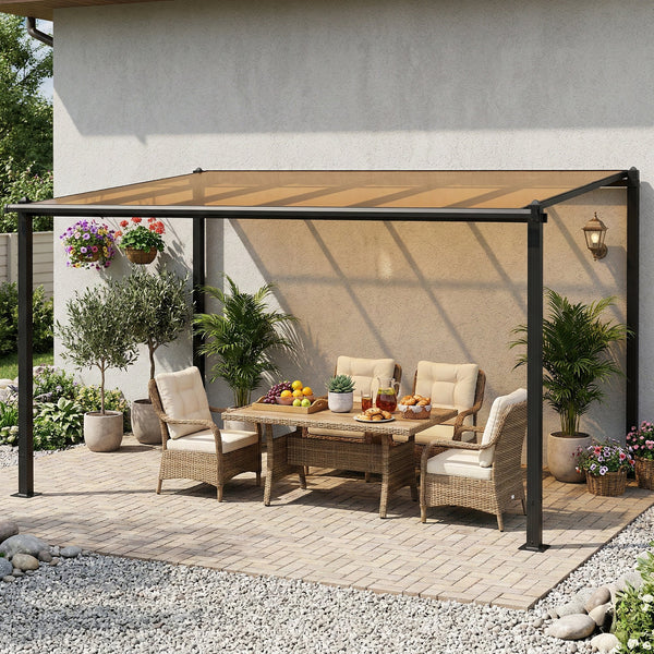 Pergola adossée 3,8 x 3 m avec toit étanche en polycarbonate, structure en aluminium, auvent rigide avec gouttières intégrées, ombrage extérieur robuste, gris foncé