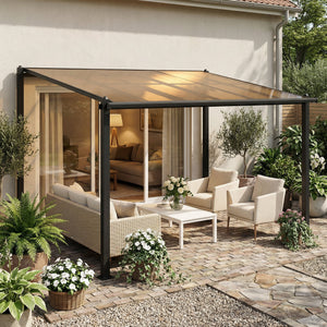 Pergola adossée 3,8 x 3 m avec toit étanche en polycarbonate, structure en aluminium, auvent rigide avec gouttières intégrées, ombrage extérieur robuste, gris foncé