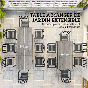 Table de jardin extensible 160/240 cm 6 - 8 personnes, table extérieur en forme rectangulaire, bordure en aluminium et structure en acier, idéal pour véranda, terrasse ou patio, gris