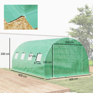 Bâche de Rechange Serre Tunnel 12 m², bâche 4 x 3 x 2 m PE Anti-UV imperméable 8 fenêtres + Porte Enroulable zippée Vert
