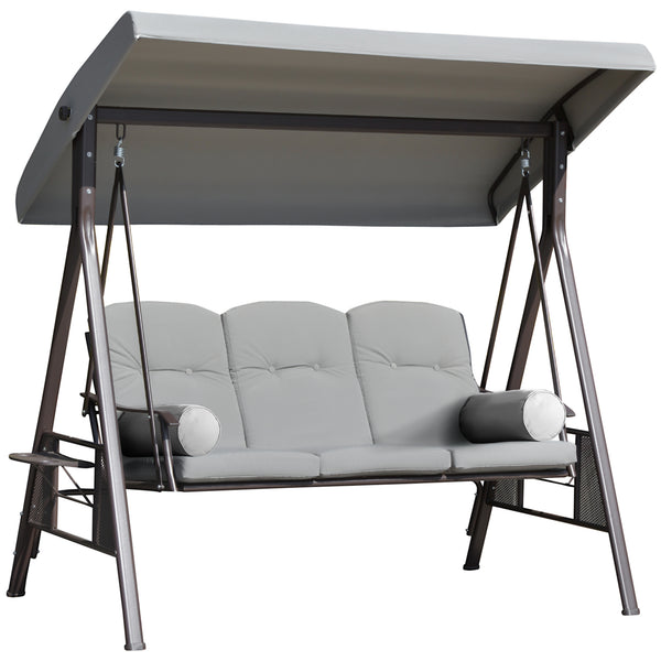 Balancelle de jardin 3 places grand confort toit inclinaison réglable coussins plateaux rétractables polyester filé gris clair