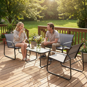 Salon de Jardin 4 Pièces en Acier et Textilène - Ensemble de Terrasse avec Accoudoirs Corde Tressée, Canapé 2 Places, 2 Fauteuils et Table Basse en Verre Trempé Cannelé pour Balcon, Gris