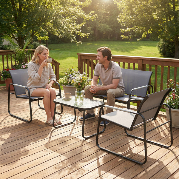 Salon de Jardin 4 Pièces en Acier et Textilène - Ensemble de Terrasse avec Accoudoirs Corde Tressée, Canapé 2 Places, 2 Fauteuils et Table Basse en Verre Trempé Cannelé pour Balcon, Gris