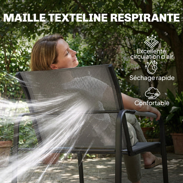 Salon de Jardin 4 Pièces en Acier et Textilène - Ensemble de Terrasse avec Accoudoirs Corde Tressée, Canapé 2 Places, 2 Fauteuils et Table Basse en Verre Trempé Cannelé pour Balcon, Gris