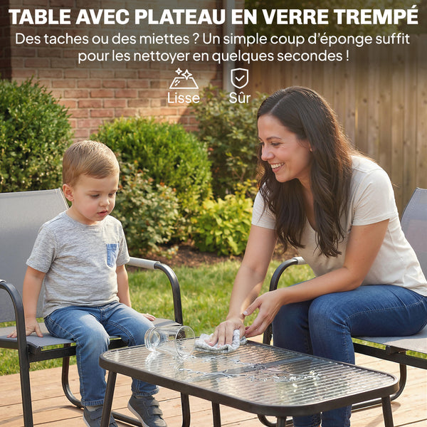 Salon de Jardin 4 Pièces en Acier et Textilène - Ensemble de Terrasse avec Accoudoirs Corde Tressée, Canapé 2 Places, 2 Fauteuils et Table Basse en Verre Trempé Cannelé pour Balcon, Gris
