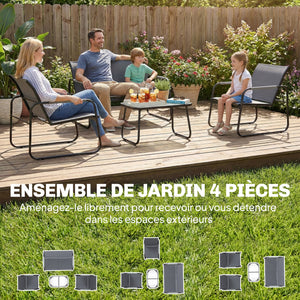 Salon de Jardin 4 Pièces en Acier et Textilène - Ensemble de Terrasse avec Accoudoirs Corde Tressée, Canapé 2 Places, 2 Fauteuils et Table Basse en Verre Trempé Cannelé pour Balcon, Gris