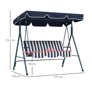 Balancelle de Jardin 3 Places Toit Inclinaison réglable Coussins Assise et Dossier 1,72L x 1,1l x 1,53H m Acier Noir Polyester Bleu