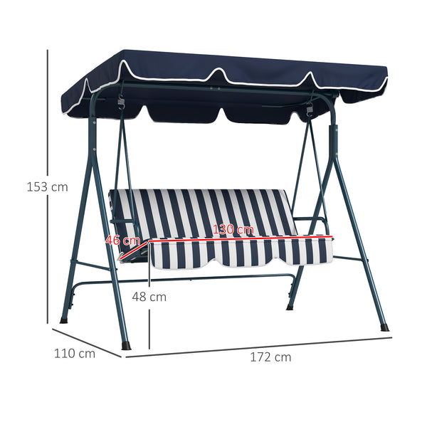 Balancelle de Jardin 3 Places Toit Inclinaison réglable Coussins Assise et Dossier 1,72L x 1,1l x 1,53H m Acier Noir Polyester Bleu