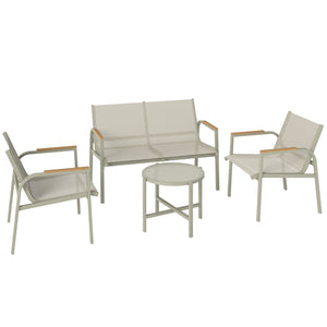 Salon de Jardin 4 Pièces en Textilène, Ensemble de Terrasse avec Canapé 2 Places, 2 Fauteuils et Table Basse en Verre Trempé, Mobilier de Jardin pour Balcon ou Piscine, Vert
