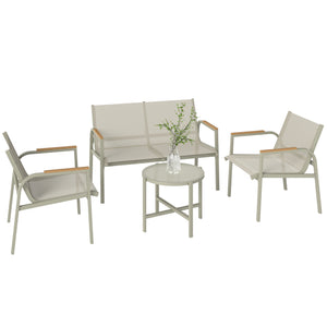Salon de Jardin 4 Pièces en Textilène, Ensemble de Terrasse avec Canapé 2 Places, 2 Fauteuils et Table Basse en Verre Trempé, Mobilier de Jardin pour Balcon ou Piscine, Vert