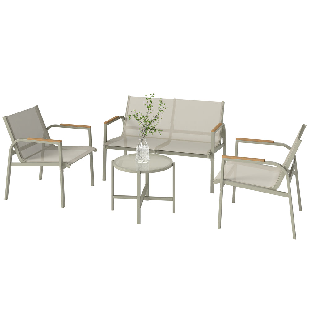 Salon de Jardin 4 Pièces en Textilène, Ensemble de Terrasse avec Canapé 2 Places, 2 Fauteuils et Table Basse en Verre Trempé, Mobilier de Jardin pour Balcon ou Piscine, Vert