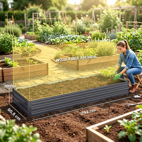 Carré Potager en Métal Modulable - Potager Surélevé 241x90,5x30cm en Acier Galvanisé - Jardinière Extérieur Anti-Rouille pour Légumes et Fleurs, Gris