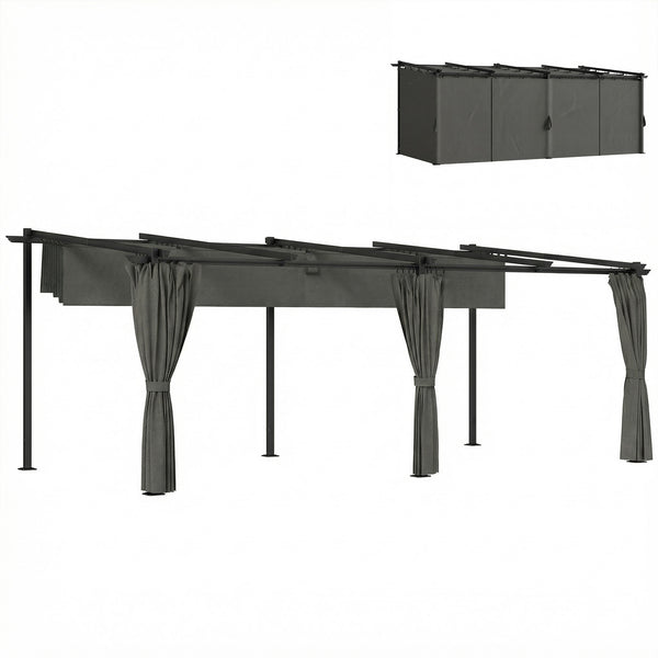 Pergola rétractable 3 x 6 m avec rideaux latéraux, tonnelle de jardin en métal avec protection solaire UPF30+, abri pour terrasse, patio, gris foncé