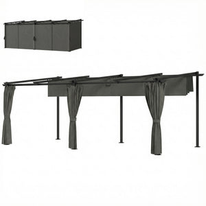 Pergola rétractable 3 x 6 m avec rideaux latéraux, tonnelle de jardin en métal avec protection solaire UPF30+, abri pour terrasse, patio, gris foncé