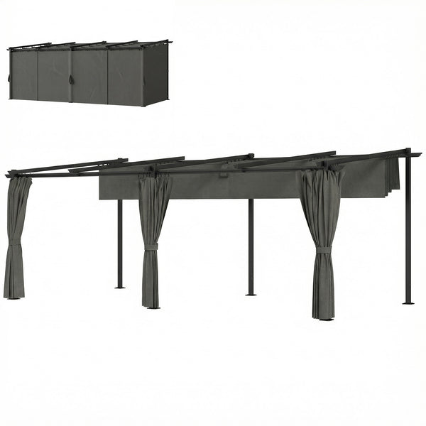 Pergola rétractable 3 x 6 m avec rideaux latéraux, tonnelle de jardin en métal avec protection solaire UPF30+, abri pour terrasse, patio, gris foncé