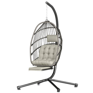 Fauteuil suspendu avec support, chaise suspendue pliante avec repose-pieds rétractable, coussin doux et appuie-tête, pour intérieur et extérieur, terrasse ou jardin, gris clair
