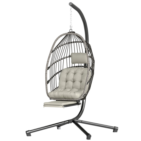 Fauteuil suspendu avec support, chaise suspendue pliante avec repose-pieds rétractable, coussin doux et appuie-tête, pour intérieur et extérieur, terrasse ou jardin, gris clair