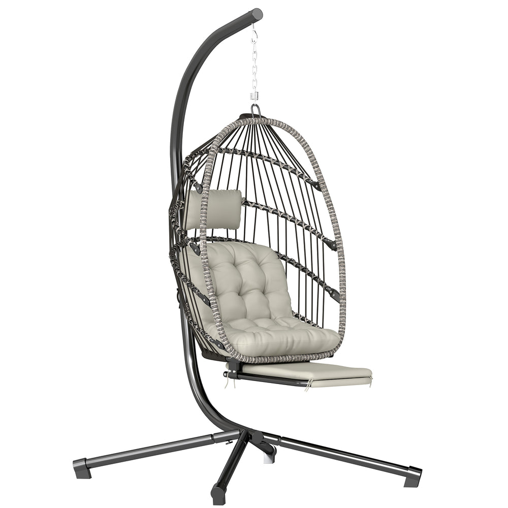 Fauteuil suspendu avec support, chaise suspendue pliante avec repose-pieds rétractable, coussin doux et appuie-tête, pour intérieur et extérieur, terrasse ou jardin, gris clair