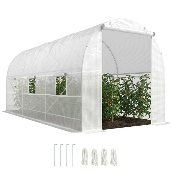 Serre tunnel de jardin 9m², serre de jardin tunnel 445x200x200cm avec porte et 6 fenêtres, pour extérieur, toutes saisons, légumes, fruits, fleurs, bâche PE haute densité 140 g/m² blanc