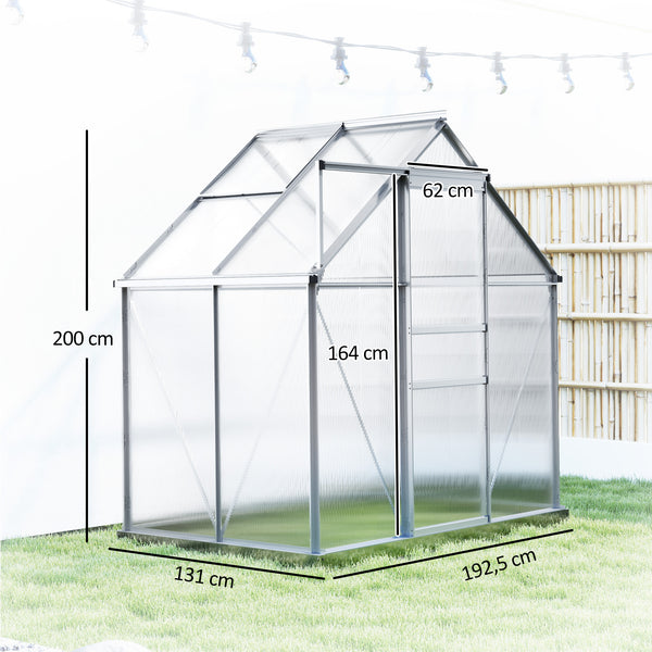 Serre de Jardin 2,5 m² en Aluminium Polycarbonate avec Fondation, 192,5 x 131 x 200 cm, Serre avec Fenêtre Réglable et Porte Coulissante, Abri Extérieur Résistant aux Intempéries, Argent