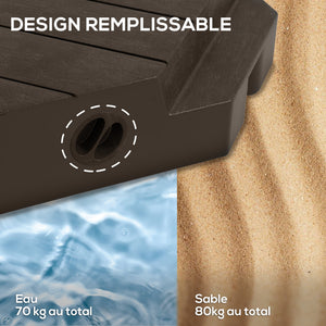 Lot de 4 dalles de parasol Poids de lestage carré pour parasols déportés pieds croix - à remplir d'eau ou de sable jusqu'à 60/80 kg - Marron