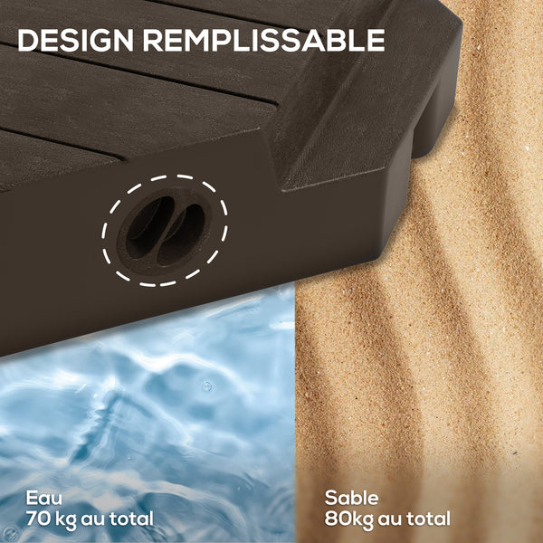 Lot de 4 dalles de parasol Poids de lestage carré pour parasols déportés pieds croix - à remplir d'eau ou de sable jusqu'à 60/80 kg - Marron