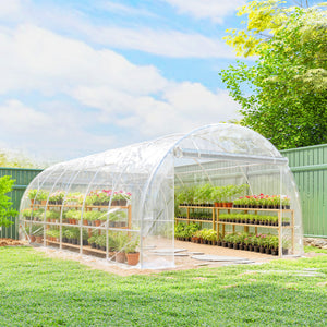 Serre tunnel de jardin 18m², serre de jardin tunnel 296x597x199cm avec cadre acier galvanisé, 2 portes, bâche PE haute densité 150g/m² prolongée de 20 cm, pour extérieur transparent