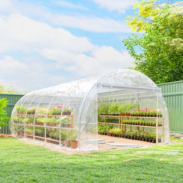 Serre tunnel de jardin 18m², serre de jardin tunnel 296x597x199cm avec cadre acier galvanisé, 2 portes, bâche PE haute densité 150g/m² prolongée de 20 cm, pour extérieur transparent