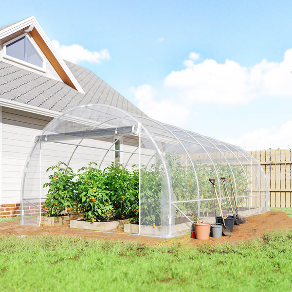 Serre tunnel de jardin 18m², serre de jardin tunnel 296x597x199cm avec cadre acier galvanisé, 2 portes, bâche PE haute densité 150g/m² prolongée de 20 cm, pour extérieur transparent