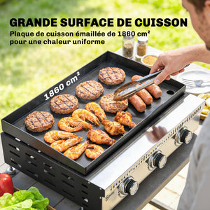 Plancha gaz 9 kW 3 brûleurs en acier inoxydable, surface cuisson 56,5 x 33 cm avec bac de récupération des graisses, propane/butane/GPL, portable pour camping, pique-nique et terrasse, noir