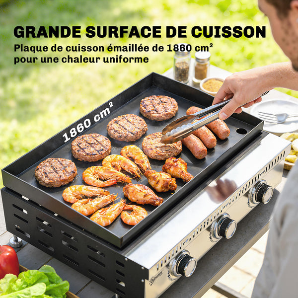 Plancha gaz 9 kW 3 brûleurs en acier inoxydable, surface cuisson 56,5 x 33 cm avec bac de récupération des graisses, propane/butane/GPL, portable pour camping, pique-nique et terrasse, noir