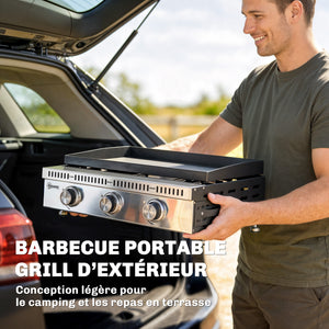 Plancha gaz 9 kW 3 brûleurs en acier inoxydable, surface cuisson 56,5 x 33 cm avec bac de récupération des graisses, propane/butane/GPL, portable pour camping, pique-nique et terrasse, noir