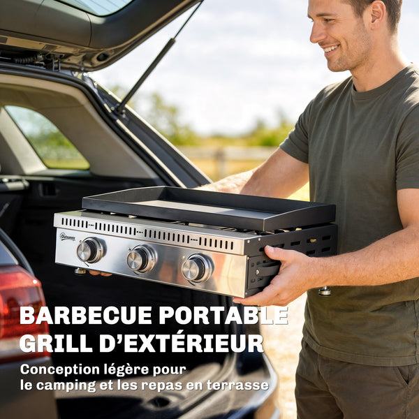Plancha gaz 9 kW 3 brûleurs en acier inoxydable, surface cuisson 56,5 x 33 cm avec bac de récupération des graisses, propane/butane/GPL, portable pour camping, pique-nique et terrasse, noir