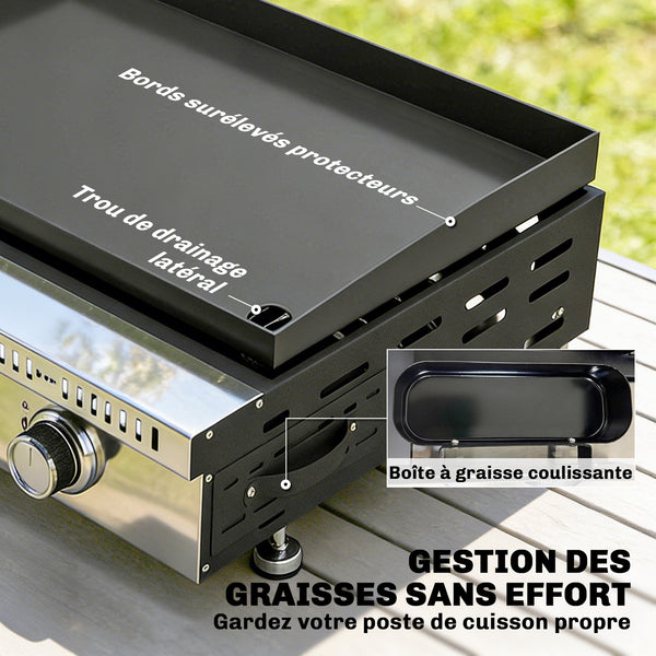 Plancha gaz 9 kW 3 brûleurs en acier inoxydable, surface cuisson 56,5 x 33 cm avec bac de récupération des graisses, propane/butane/GPL, portable pour camping, pique-nique et terrasse, noir
