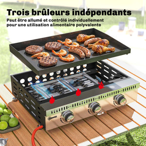 Plancha gaz 9 kW 3 brûleurs en acier inoxydable, surface cuisson 56,5 x 33 cm avec bac de récupération des graisses, propane/butane/GPL, portable pour camping, pique-nique et terrasse, noir