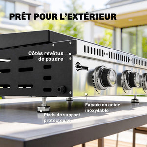 Plancha gaz 9 kW 3 brûleurs en acier inoxydable, surface cuisson 56,5 x 33 cm avec bac de récupération des graisses, propane/butane/GPL, portable pour camping, pique-nique et terrasse, noir