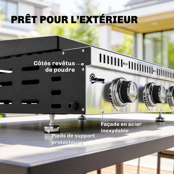 Plancha gaz 9 kW 3 brûleurs en acier inoxydable, surface cuisson 56,5 x 33 cm avec bac de récupération des graisses, propane/butane/GPL, portable pour camping, pique-nique et terrasse, noir