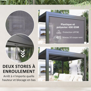 Pergola jardin extérieur en aluminium 3 x 3 m pergola bioclimatique à toit réglable avec rideaux, système de drainage caché, tonnelle de jardin anti-UV 90+ pour terrasse patio cour, gris